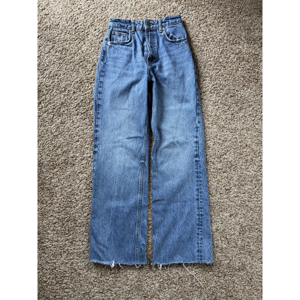 🔥Zara Womens Blue High Waisted Wide Leg Baggy Distressed Raw Hem Jeans 24x30